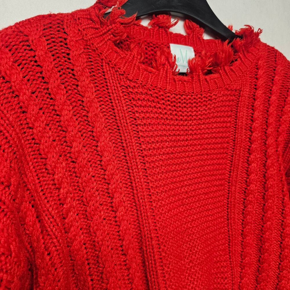 ShoptheMint Red Fringe Crop Sweater Oversized Cable Knit Pullover Size Small - Picture 2 of 8